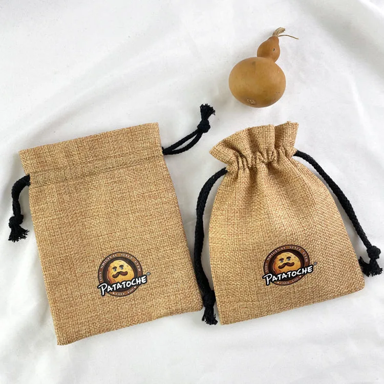 Hot Selling Custom Logo Printed Drawstring Jute Bag Pouch Natural Burlap Linen Hessian Drawstring Gift Bag