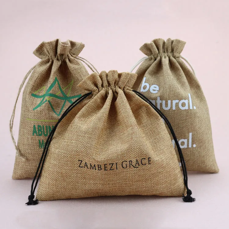Hot Selling Custom Logo Printed Drawstring Jute Bag Pouch Natural Burlap Linen Hessian Drawstring Gift Bag