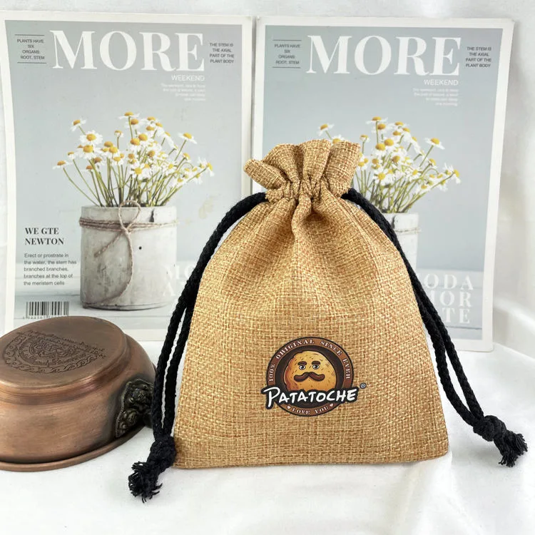 Hot Selling Custom Logo Printed Drawstring Jute Bag Pouch Natural Burlap Linen Hessian Drawstring Gift Bag
