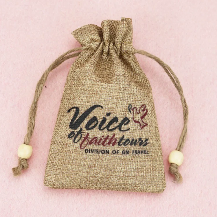 Hot Selling Custom Logo Printed Drawstring Jute Bag Pouch Natural Burlap Linen Hessian Drawstring Gift Bag