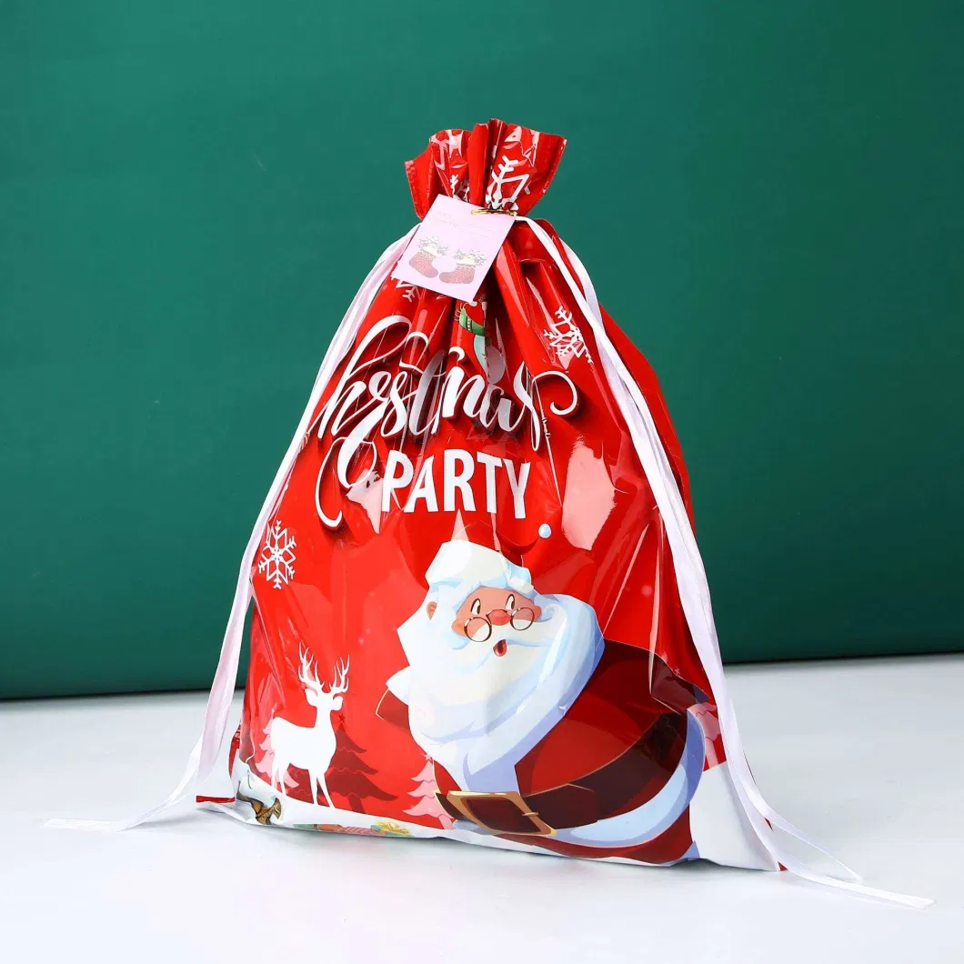 Merry Christmas Foil Drawstring Santa Candy Party Gift Big Plastic String Bags Bulk