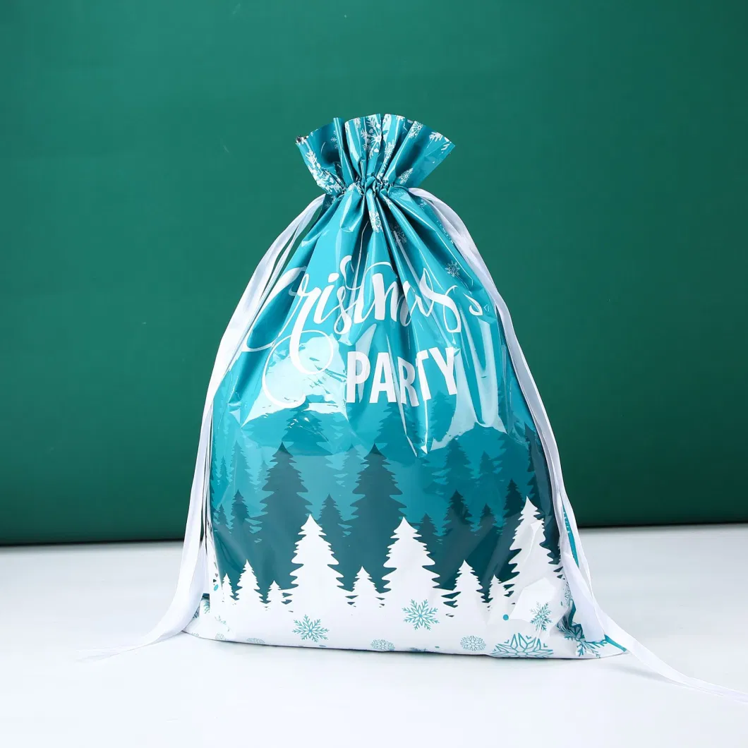 Merry Christmas Foil Drawstring Santa Candy Party Gift Big Plastic String Bags Bulk