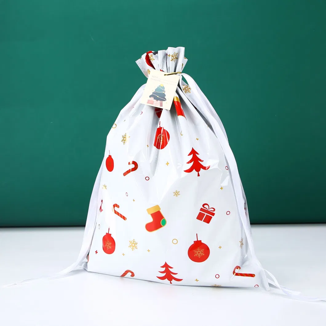 Merry Christmas Foil Drawstring Santa Candy Party Gift Big Plastic String Bags Bulk
