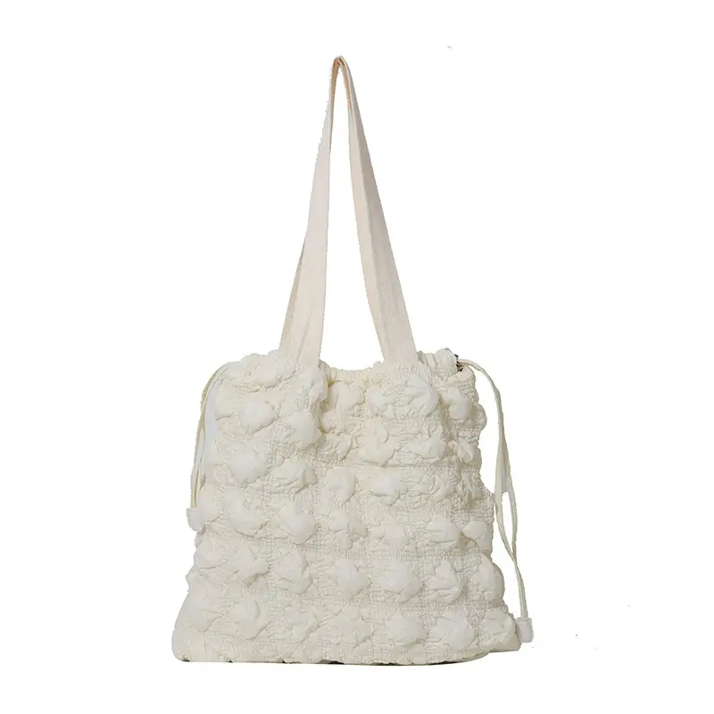 New Fashion Canvas Knitting Drawstring Shoulder Handbag Pink Tote Bag
