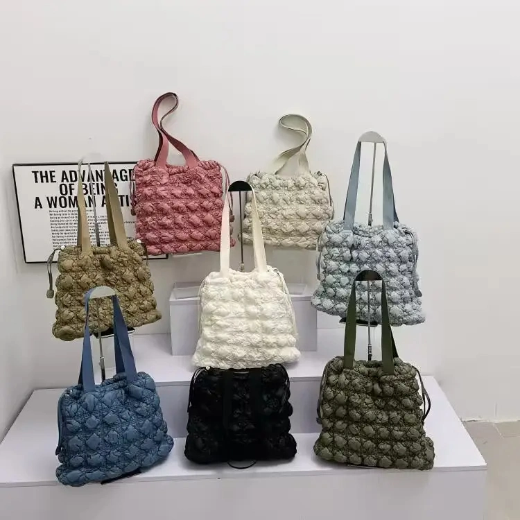 New Fashion Canvas Knitting Drawstring Shoulder Handbag Pink Tote Bag