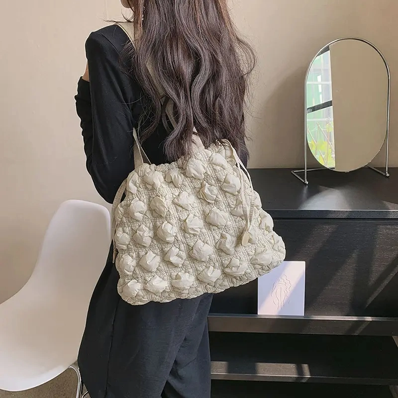 New Fashion Canvas Knitting Drawstring Shoulder Handbag Pink Tote Bag