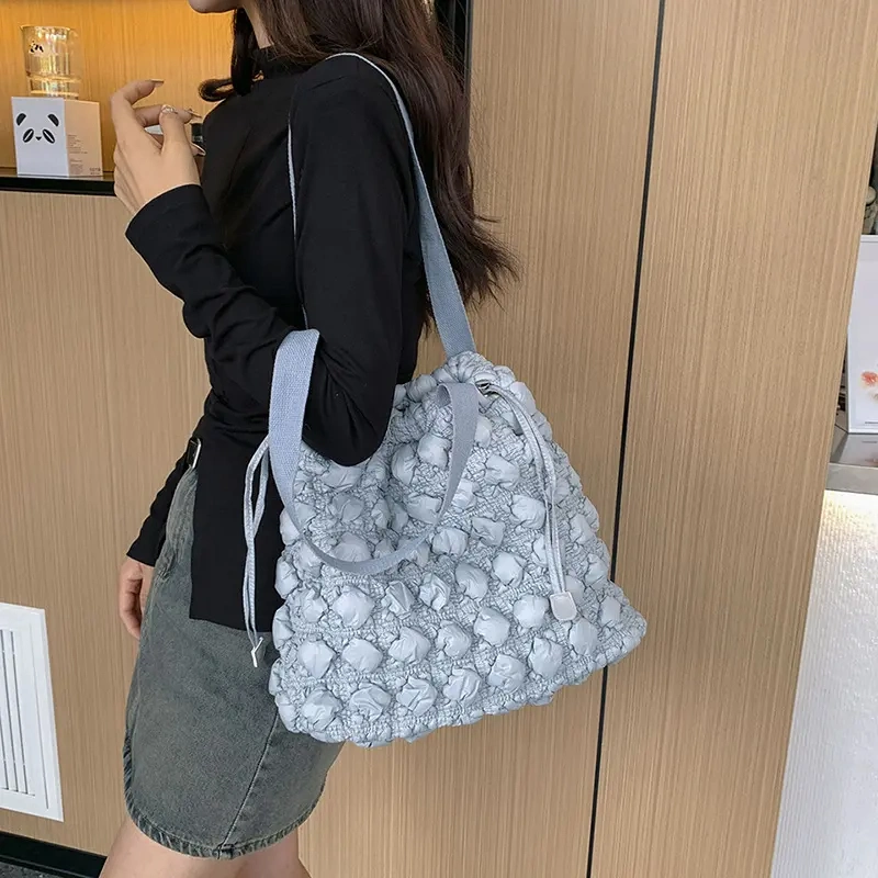 New Fashion Canvas Knitting Drawstring Shoulder Handbag Pink Tote Bag