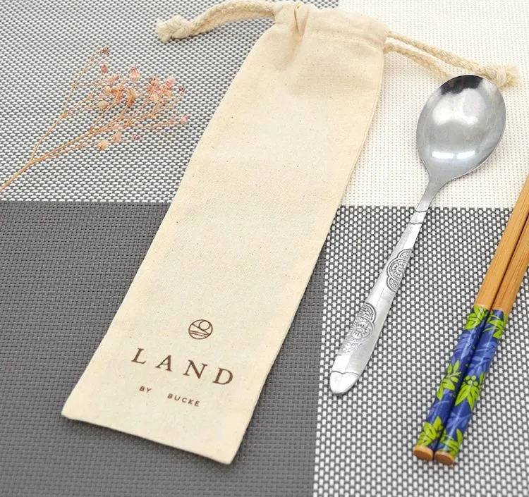 Outdoor Fashion Design Natural Cotton Drawstring Bag Manufacturing Chopsticks Fork Storage Bag