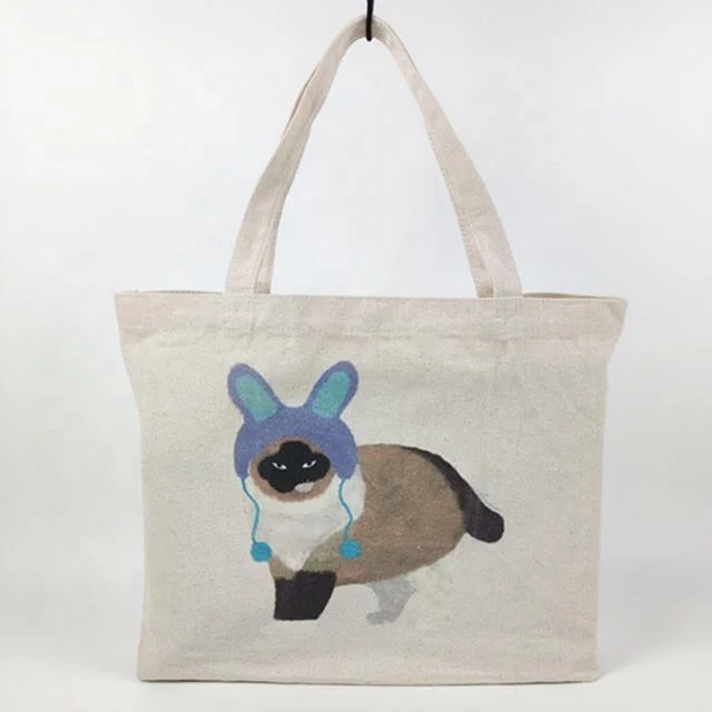 Printed Logo White Cotton Canvas Shopping Bag Personalized Cartoon Cat Printing Canvas Bag Large Capacity Shopper Tote Bag