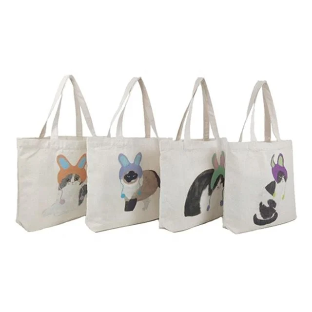 Printed Logo White Cotton Canvas Shopping Bag Personalized Cartoon Cat Printing Canvas Bag Large Capacity Shopper Tote Bag