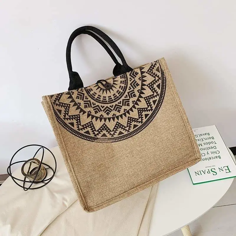 Reusable Grocery Tote Bags Beach Jute Tote Shopping Bag for Women with Handles - Image 2