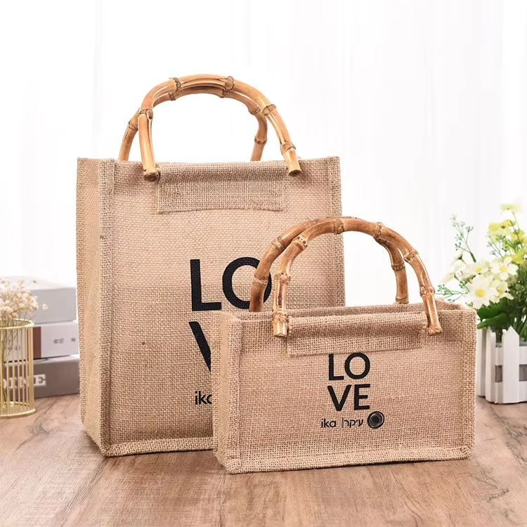 Reusable Logo Linen Durable Laminated Burlap 100% Shopping Jute Tote Bag