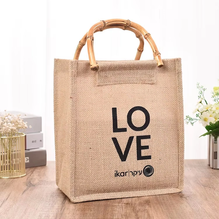 Reusable Logo Linen Durable Laminated Burlap 100% Shopping Jute Tote Bag