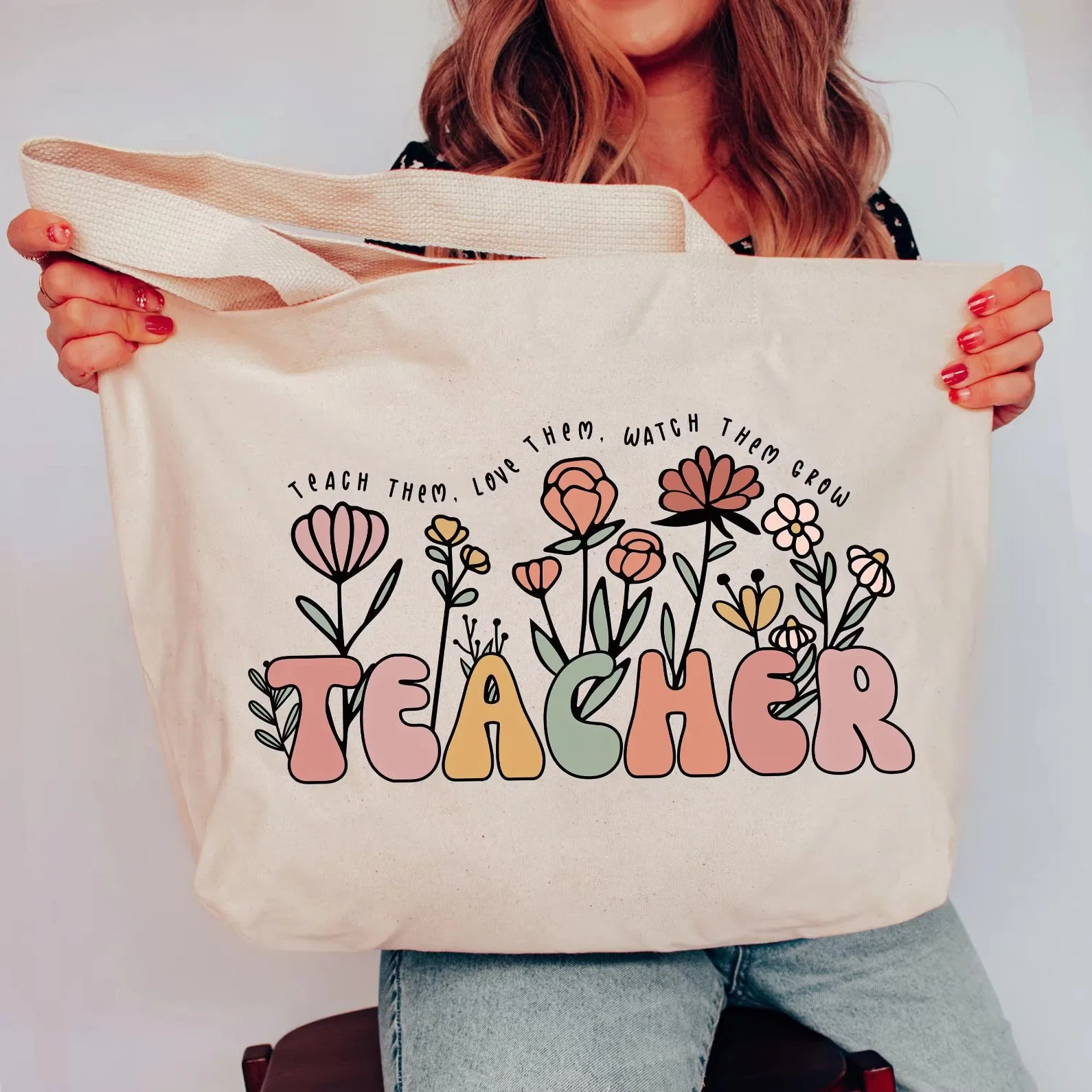 Shopping Canvas Tote Bags Teacher Day Logo Cotton Canvas Bag with Pockets - Image 5