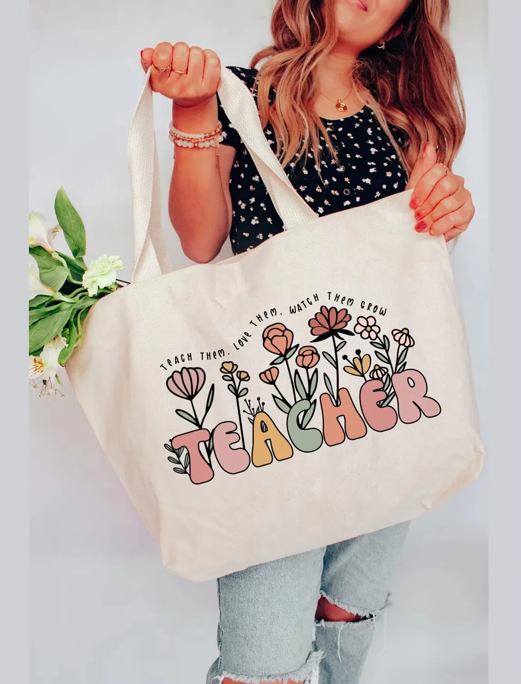 Shopping Canvas Tote Bags Teacher Day Logo Cotton Canvas Bag with Pockets