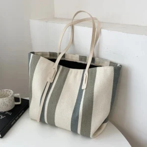 Alternative view of Simple Stripes Large Capacity Ladies Shoulder Handbags Canvas Striped Zipper Tote Bag Women
