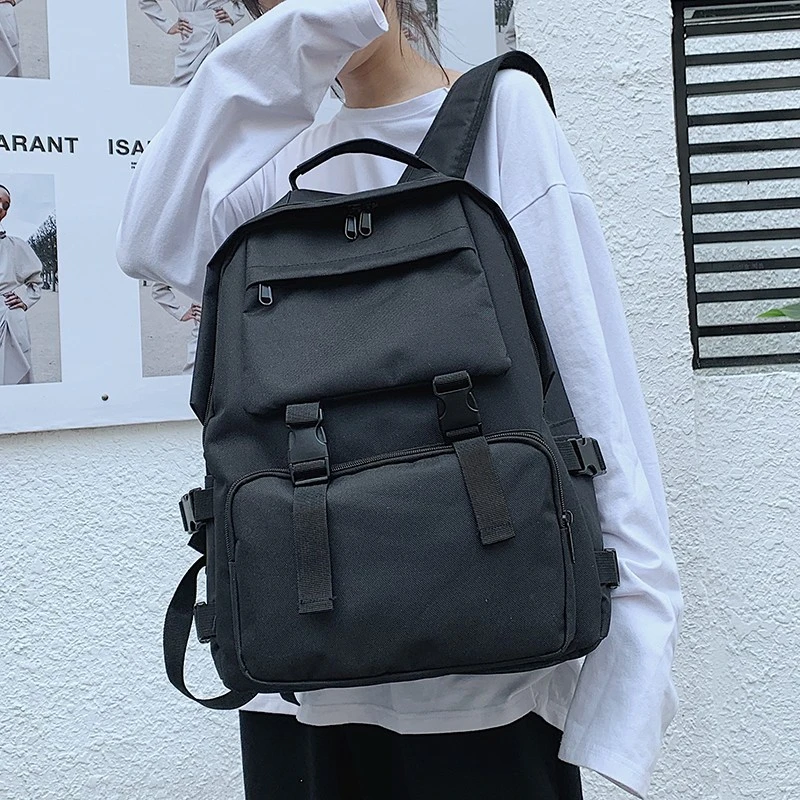 Solid Color Schoolbag Female Korean Ins Retro Student Backpack Tooling Backpack