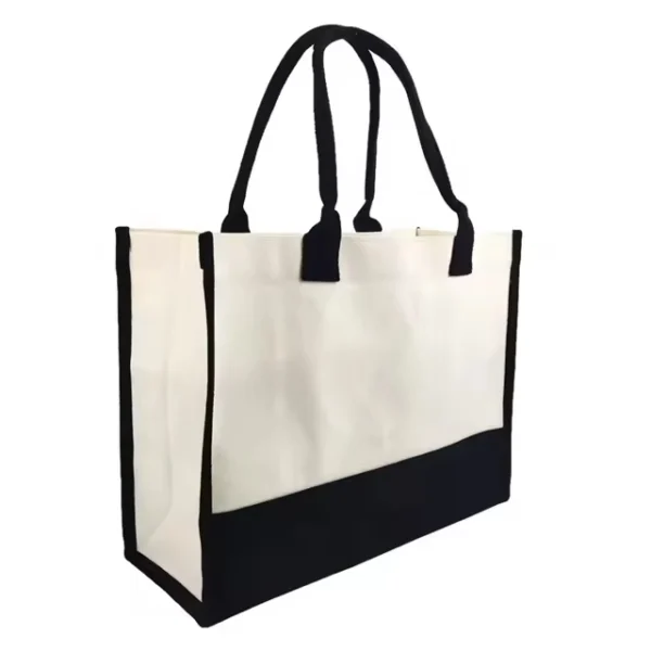 White and Black Canvas Bag Blank Canvas Tote Shopping Bag Inner Pocket - Image 3