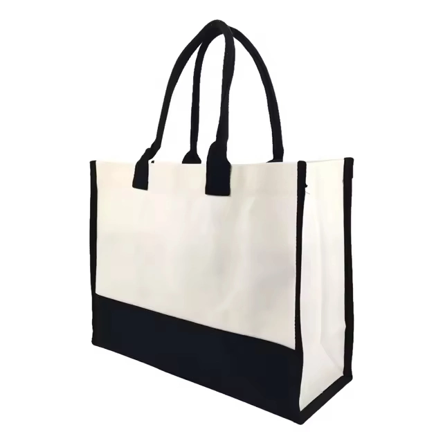 White and Black Canvas Bag Blank Canvas Tote Shopping Bag Inner Pocket