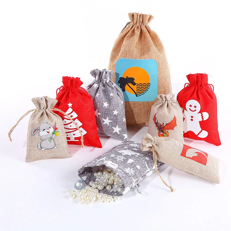 Wholesale Burlap Bags Set Custom Logo with Tag Small Gift Pouch Sack Drawstring Favor Jute Bags