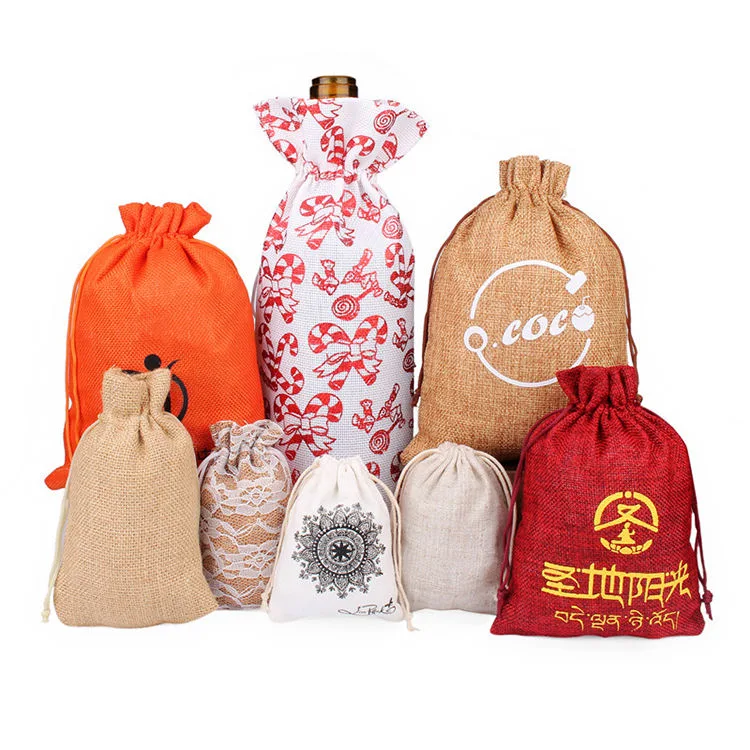 Wholesale Burlap Bags Set Custom Logo with Tag Small Gift Pouch Sack Drawstring Favor Jute Bags