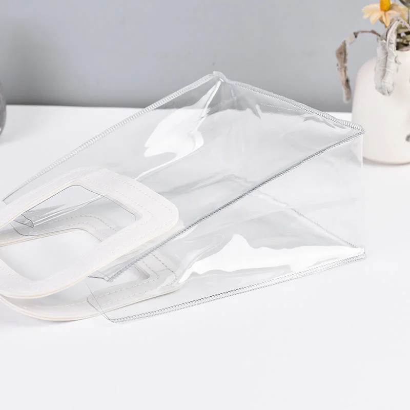 Wholesale Clear Plastic Gift Bags with Leather Handle Reusable Handbag Transparent PVC Plastic Gift Wrap Tote Bag