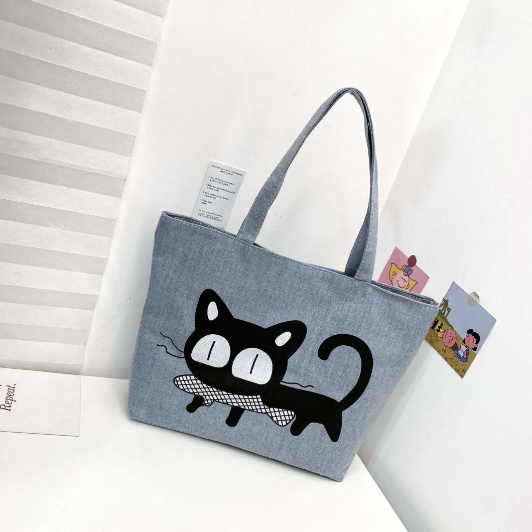 Wholesale Custom Large Capacity Cute Shopping Bag Vintage Outdoor Women&prime;s Canvas Tote Bag with Pocket and Zipper