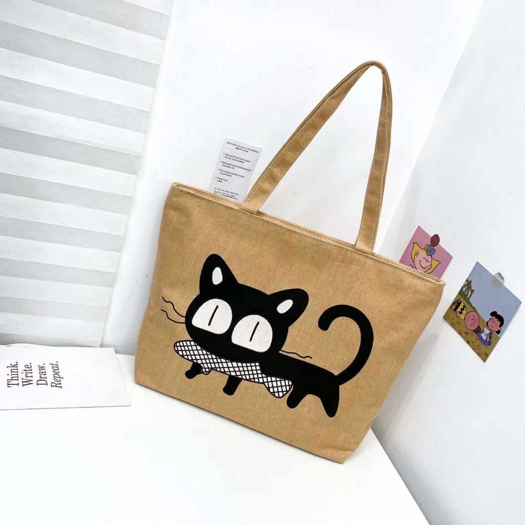 Wholesale Custom Large Capacity Cute Shopping Bag Vintage Outdoor Women&prime;s Canvas Tote Bag with Pocket and Zipper