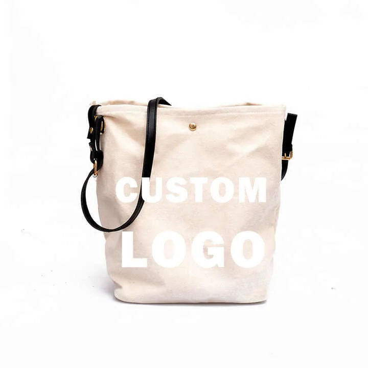 Wholesale Custom Logo Fashion Custom Design Logo Cotton Canvas Shoulder Tote Bag with Leather Strap