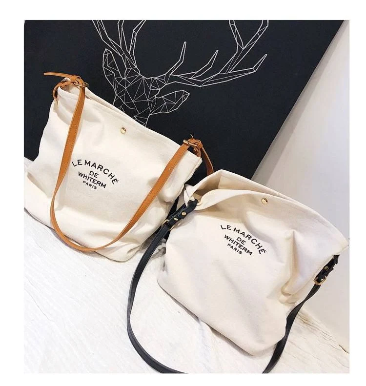 Wholesale Custom Logo Fashion Custom Design Logo Cotton Canvas Shoulder Tote Bag with Leather Strap - Image 2