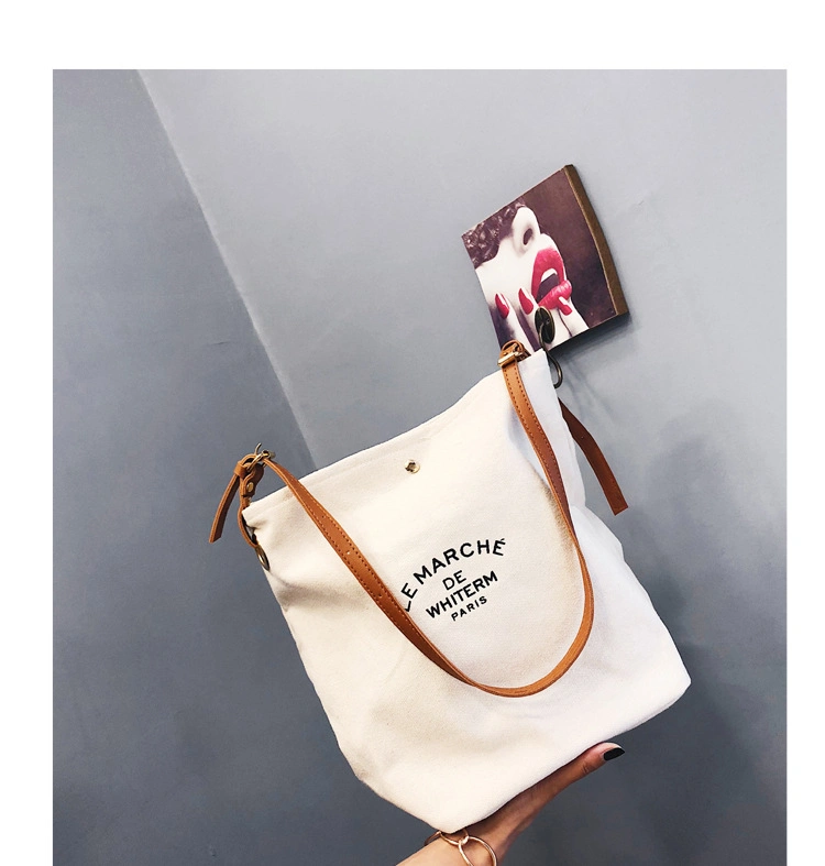 Wholesale Custom Logo Fashion Custom Design Logo Cotton Canvas Shoulder Tote Bag with Leather Strap - Image 5