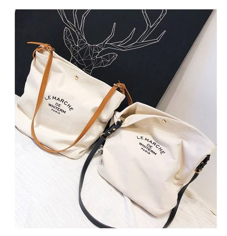 Wholesale Custom Logo Fashion Custom Design Logo Cotton Canvas Shoulder Tote Bag with Leather Strap