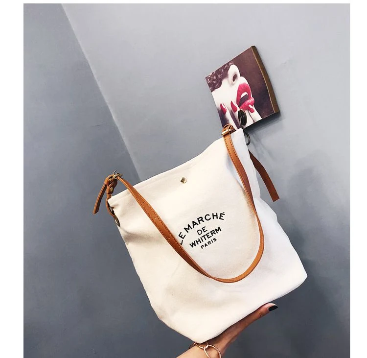 Wholesale Custom Logo Fashion Custom Design Logo Cotton Canvas Shoulder Tote Bag with Leather Strap