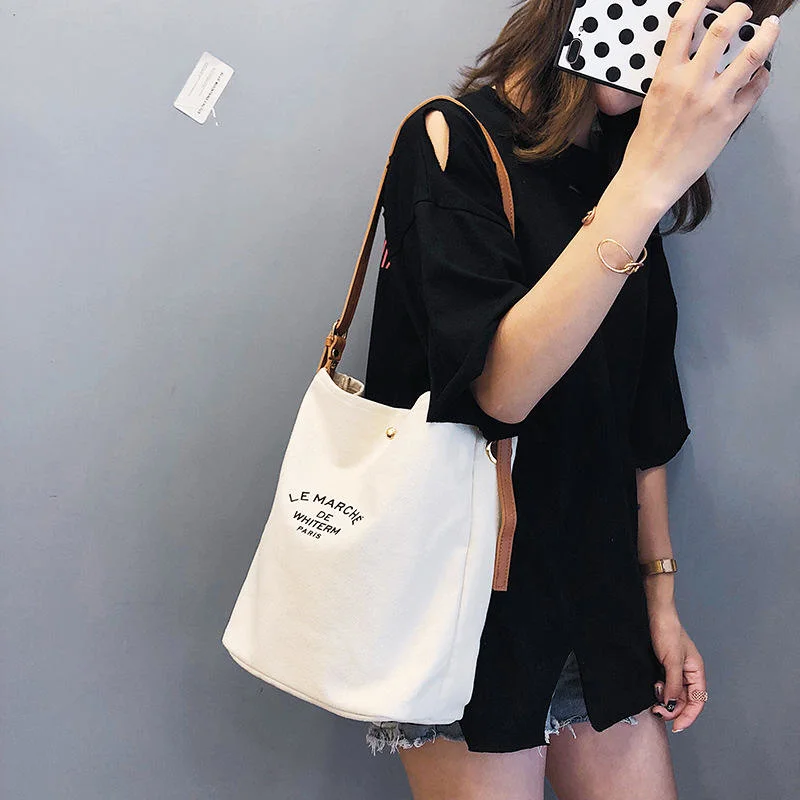 Wholesale Custom Logo Fashion Custom Design Logo Cotton Canvas Shoulder Tote Bag with Leather Strap