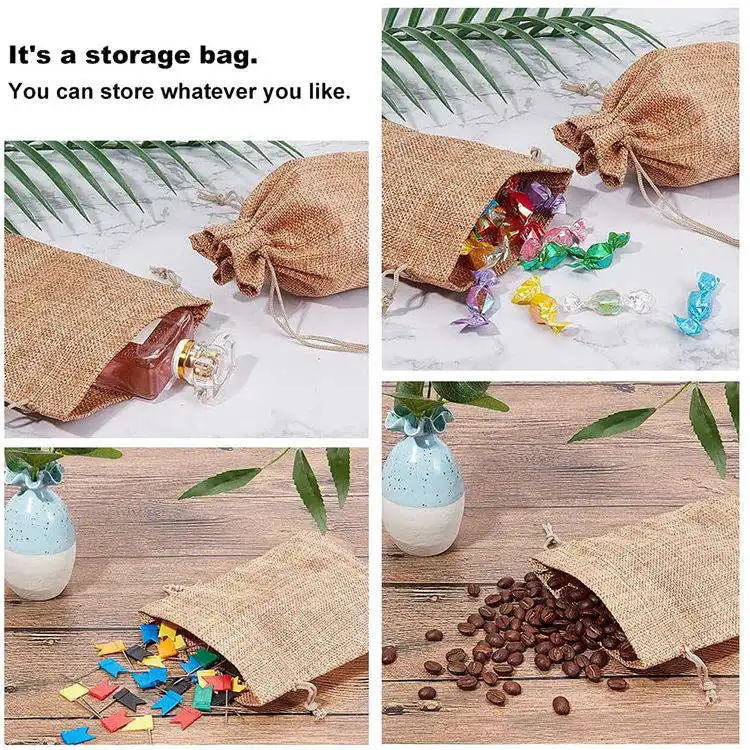 Wholesale Custom Printed Logo Reusable Jute Burlap Linen Handbag Drawstring Dust Coffee Bean Bag