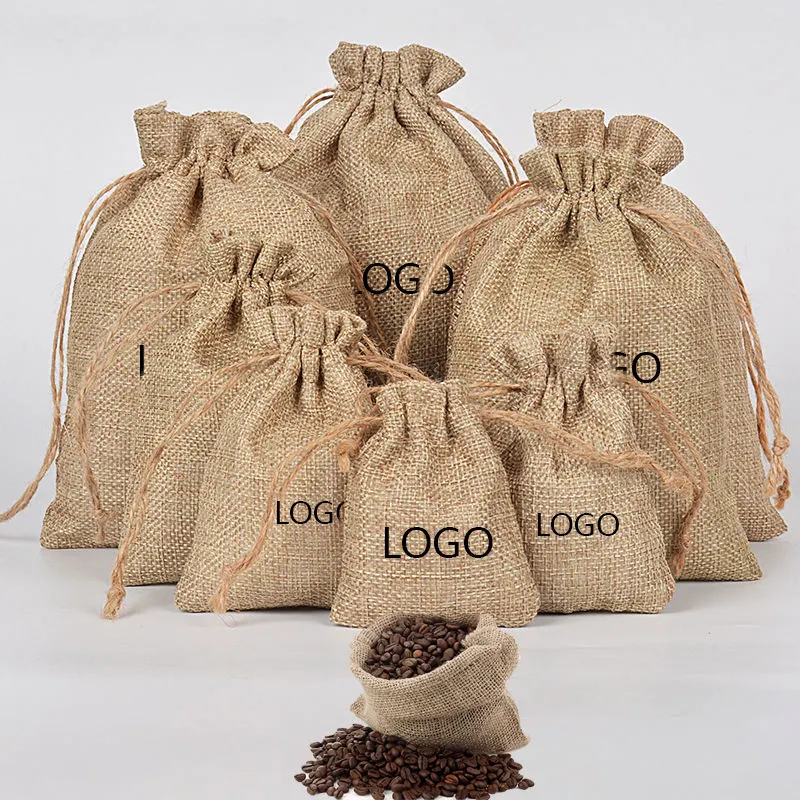 Wholesale Custom Printed Logo Reusable Jute Burlap Linen Handbag Drawstring Dust Coffee Bean Bag
