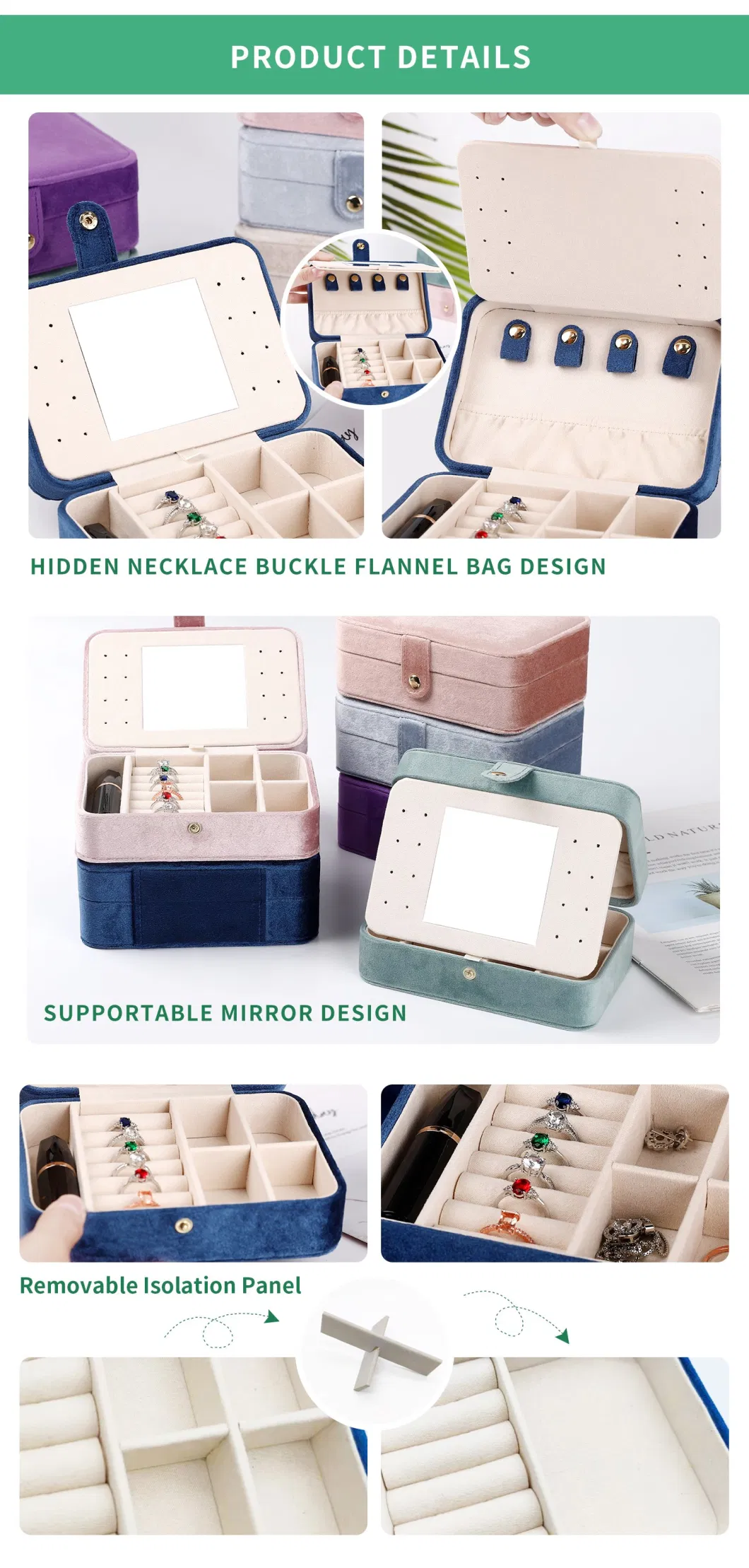 Wholesale Makeup Velvet Jewellery Travel Cases Mirror Storage Box with Portable Bracelet Jewelry Case