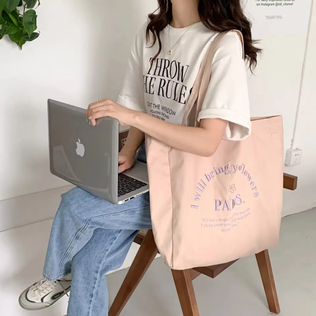 Women&prime;s Canvas Bag Letter Embroidered One Shoulder Large Capacity Student Carrying Bag