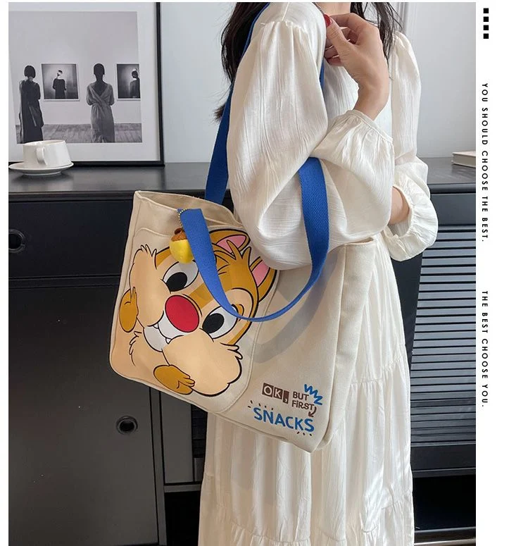 Women&prime;s Shoulder Bag Cute Canvas Nut Pendant Tote Cartoon Squirrel Shopping Bag