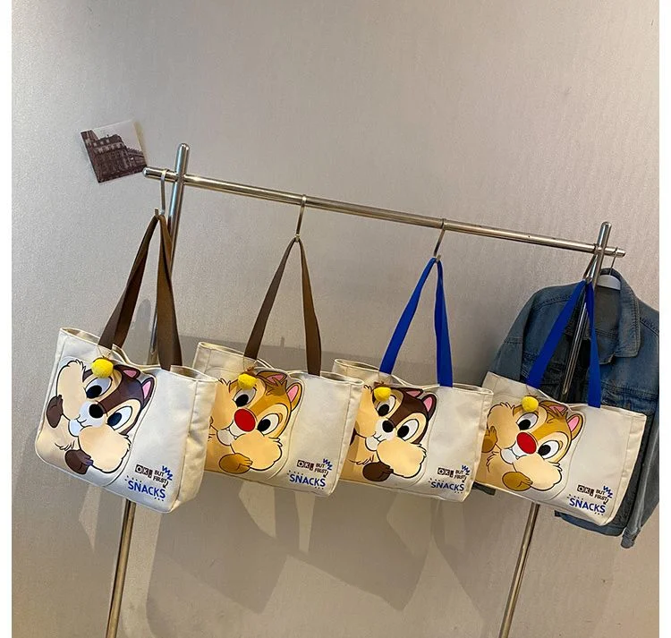 Women&prime;s Shoulder Bag Cute Canvas Nut Pendant Tote Cartoon Squirrel Shopping Bag