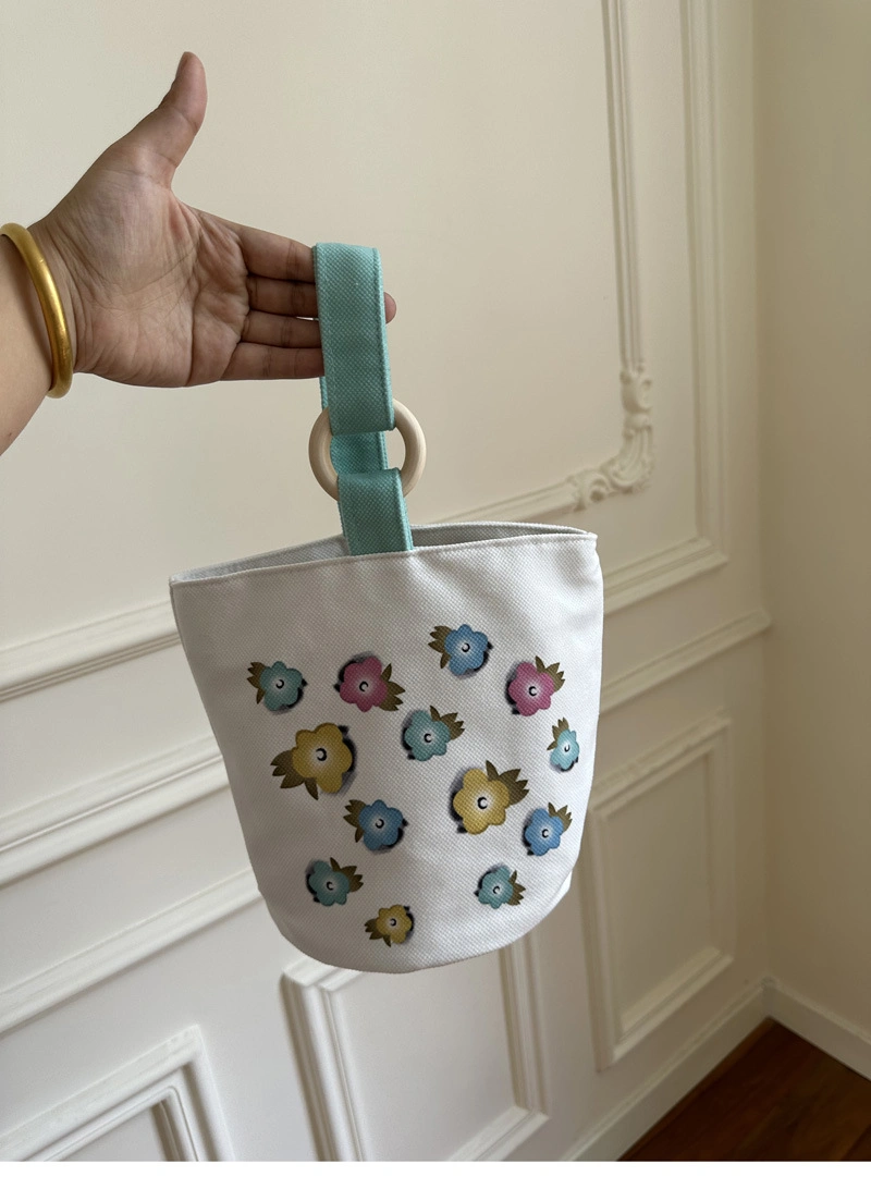 Wooden Ring Canvas Tote Lunch Box Bag Students Carry Bucket Bento Bag