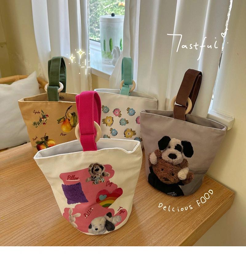 Wooden Ring Canvas Tote Lunch Box Bag Students Carry Bucket Bento Bag